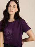 DILLINGER Women Purple Printed Round Neck Pure Cotton Boxy Regular Pure Cotton T-shirt