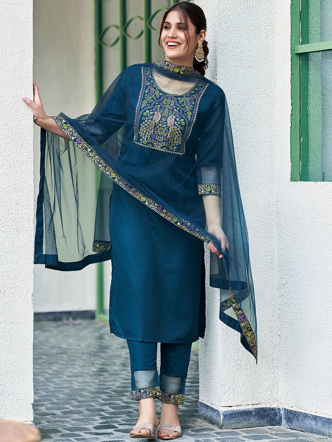 KALINI Ethnic Motifs Yoke Design Gotta Patti Straight Kurta with Trousers & Dupatta