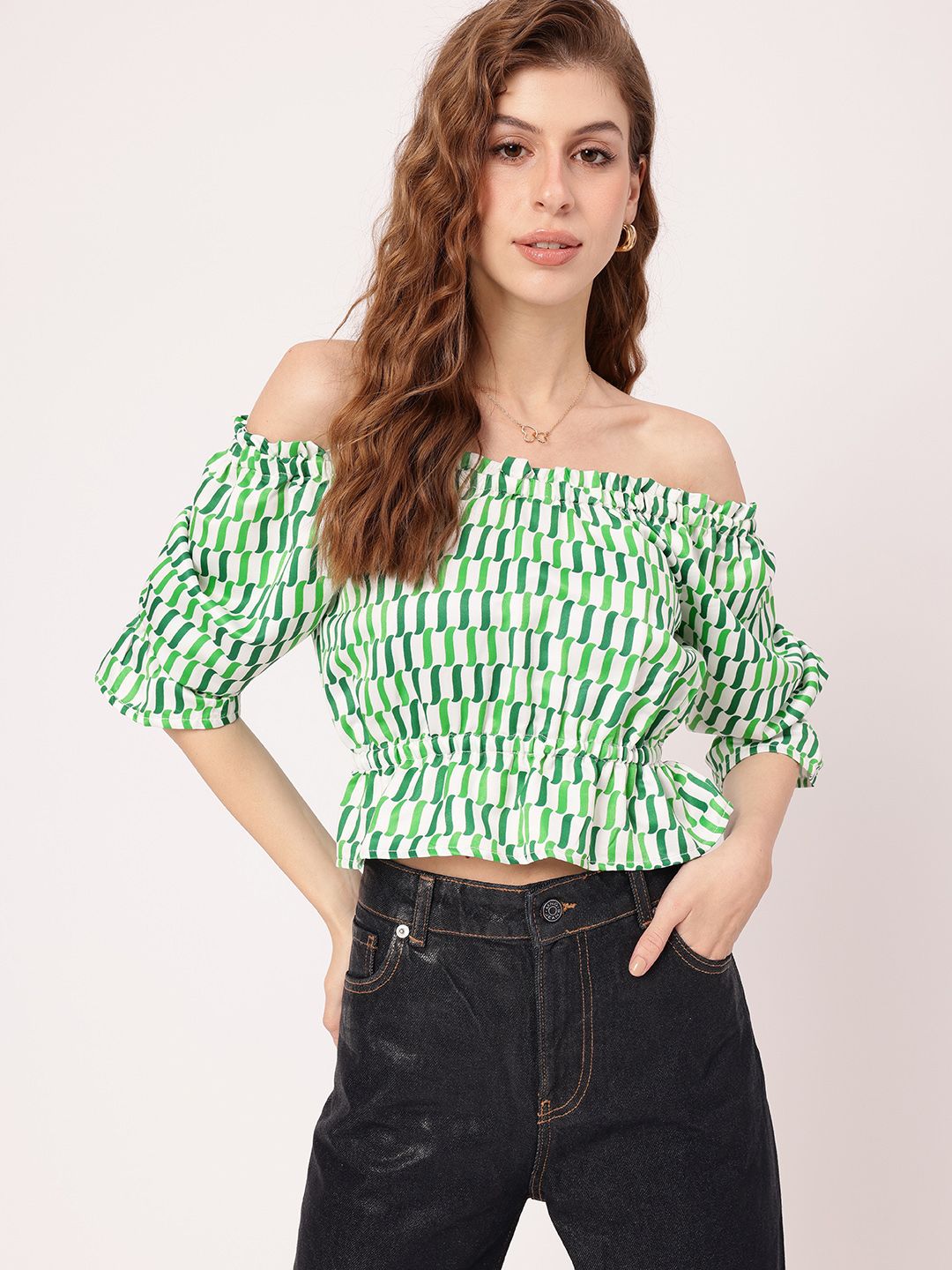 Tranquility Charm Printed Off-Shoulder Peplum Crop Top