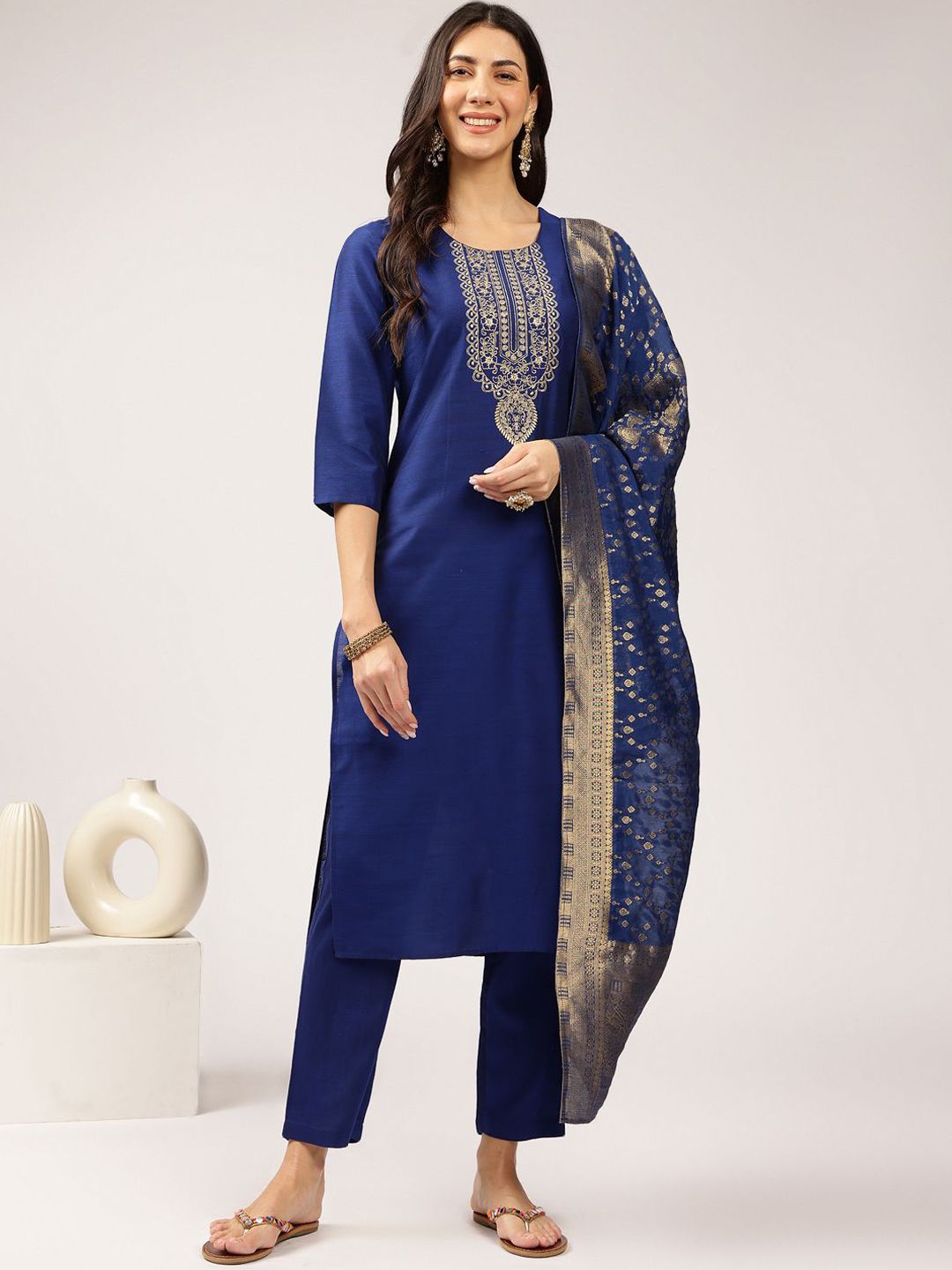 Anouk Blue Floral Embroidered Straight Kurta with Trousers & Dupatta