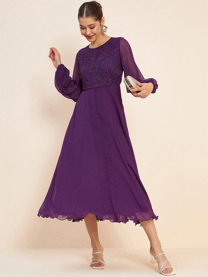 Antheaa Purple Embellished Puff Sleeves Gathered Fit & Flare Midi Dress