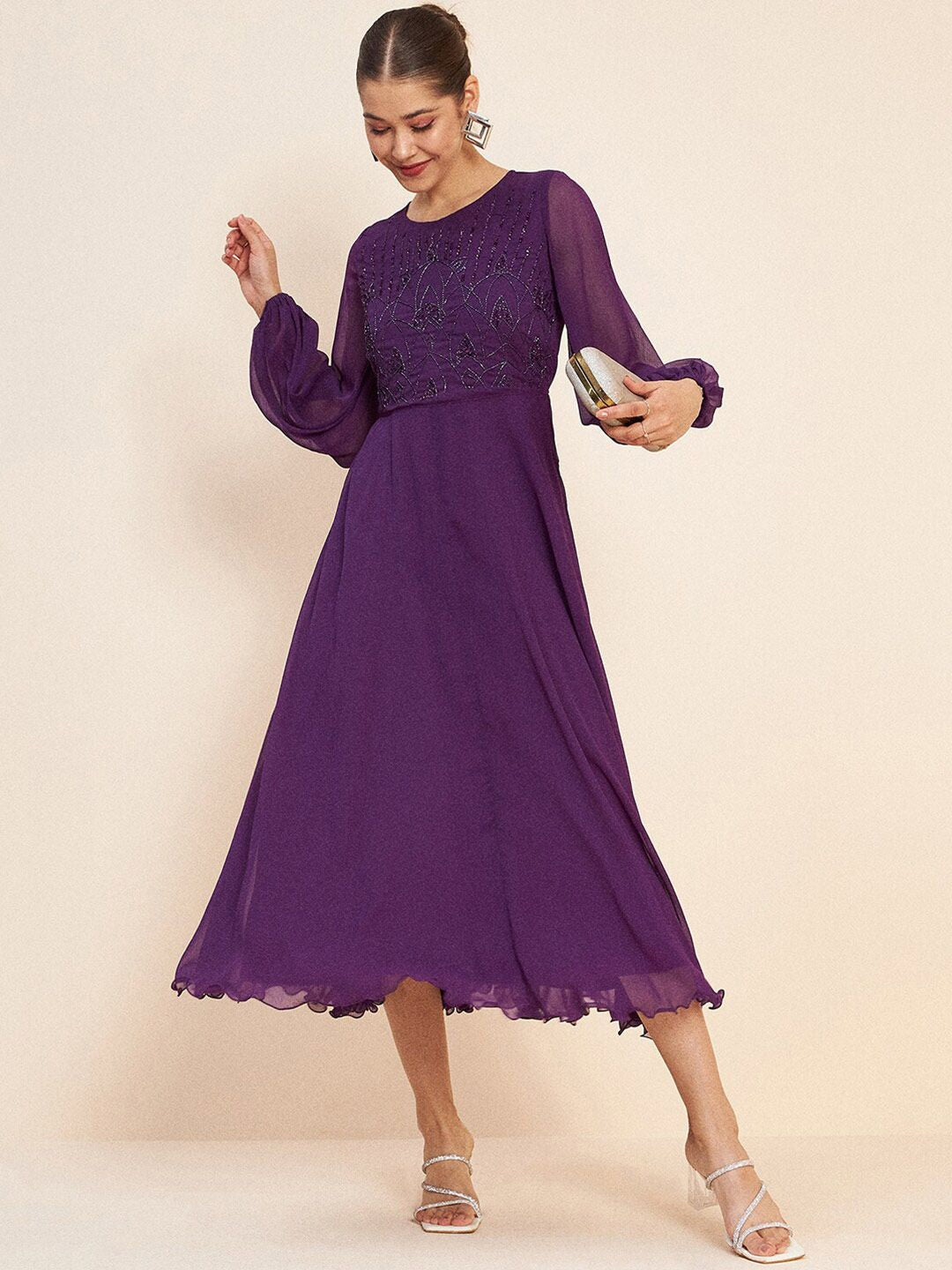 Antheaa Purple Embellished Puff Sleeves Gathered Fit & Flare Midi Dress
