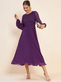 Antheaa Purple Embellished Puff Sleeves Gathered Fit & Flare Midi Dress