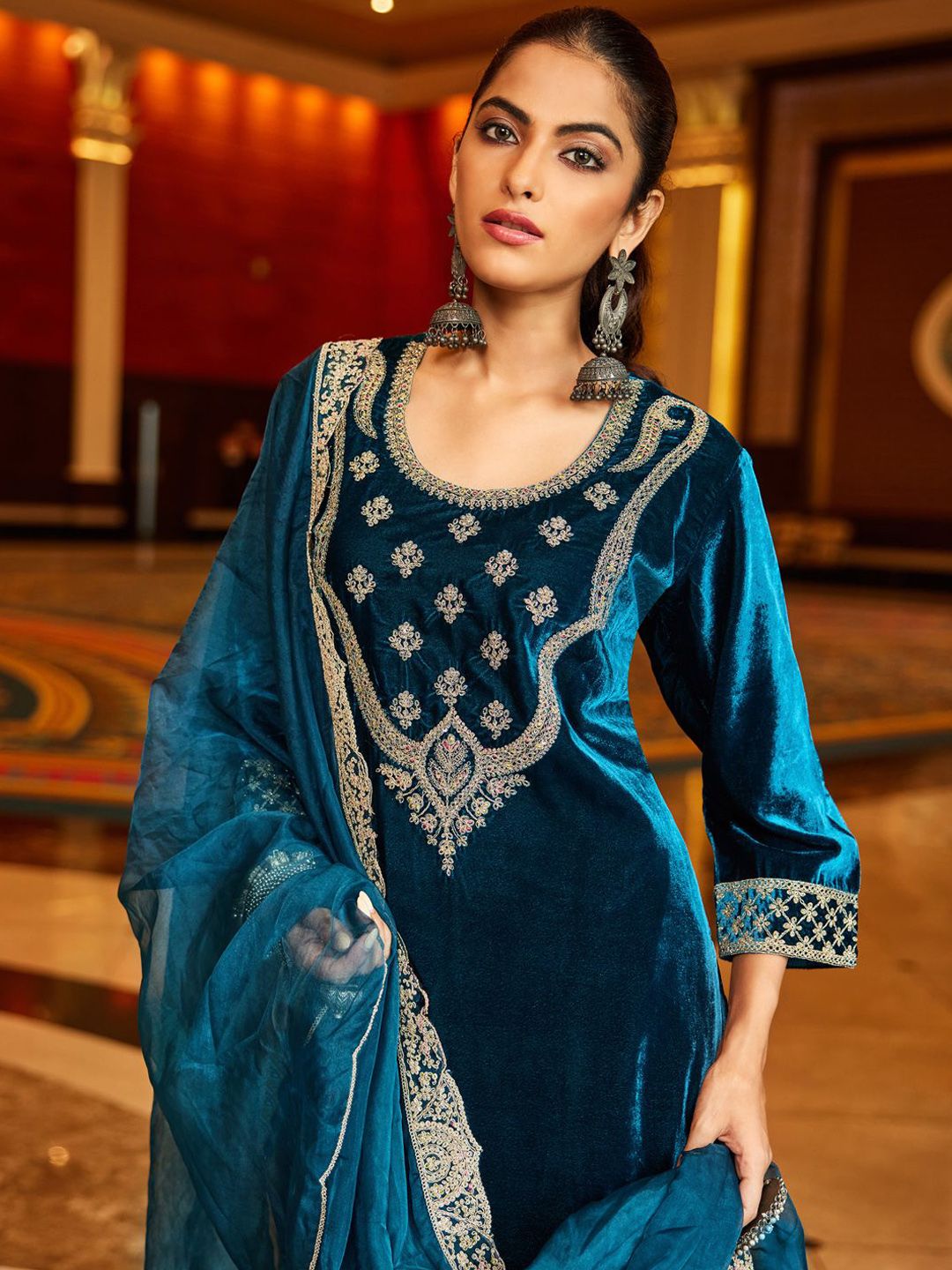 Indo Era Women Ethnic Motifs Embroidered Regular Velvet Kurta with Trousers & With Dupatta