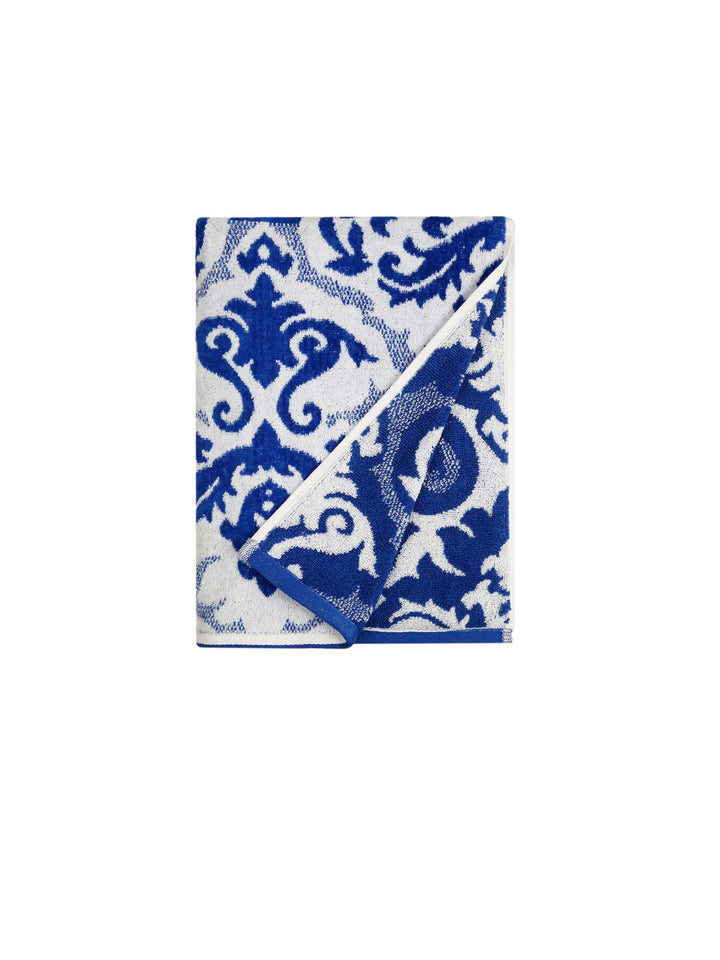 MYTRIDENT White & Blue Ethnic Motifs Printed Cotton 500 GSM Bath Towel