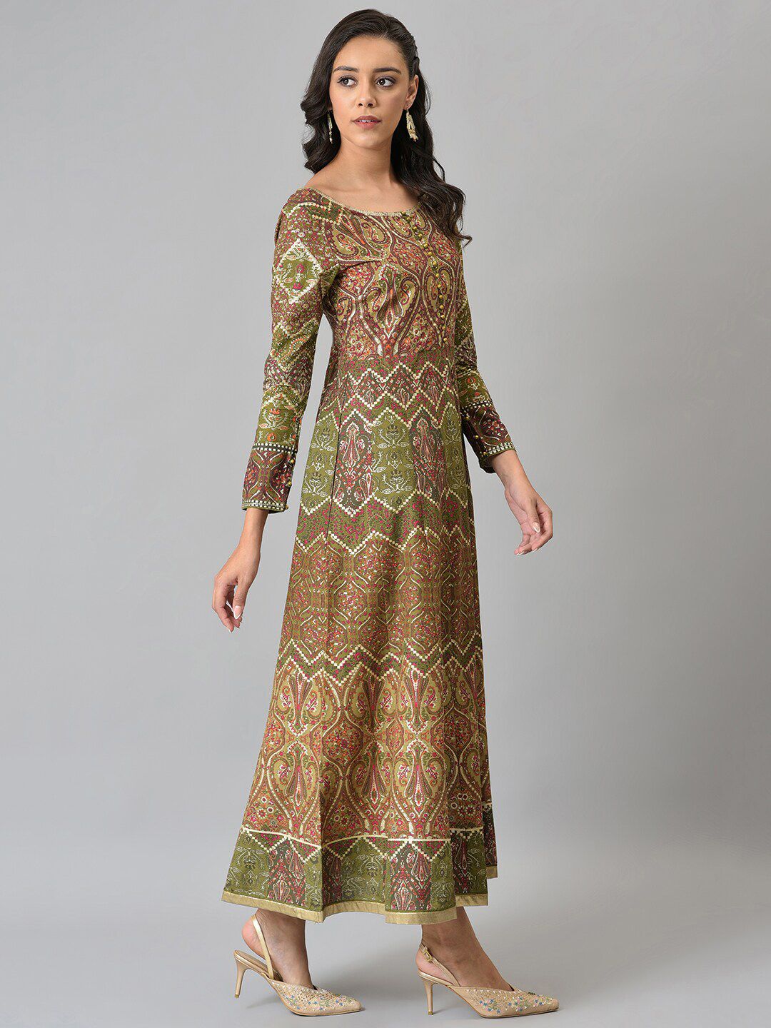 W Red & Green Ethnic Motifs Chiffon Ethnic Maxi Dress