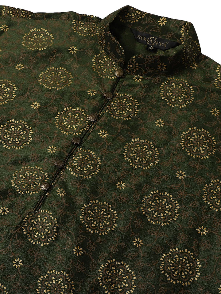 SOJANYA Men Green & Brown Ethnic Motifs Printed Kurta