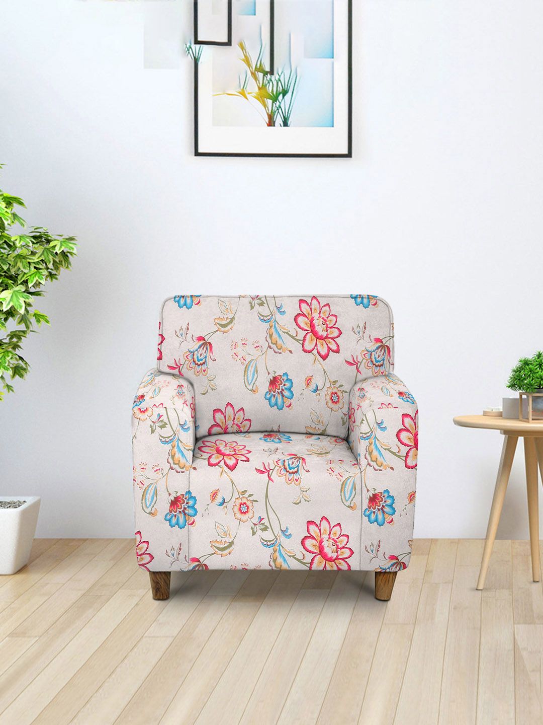 Cortina Beige & Pink Printed Single Seater Sofa Cover