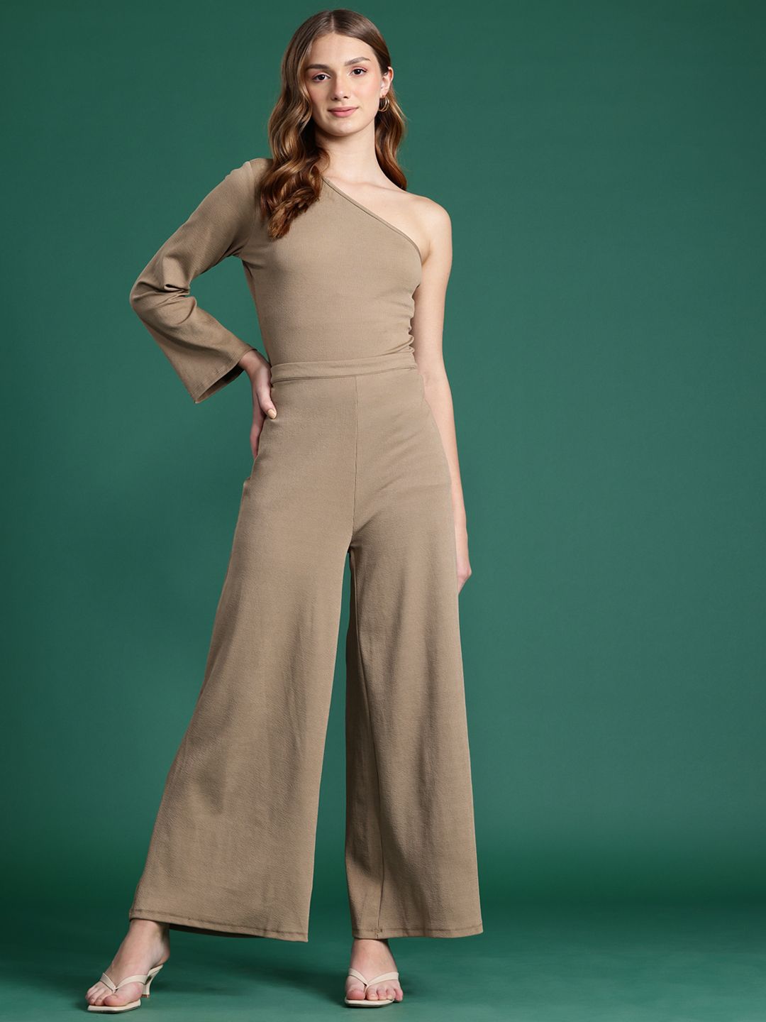 DressBerry Ribbed One-Shoulder Top with Trousers Co-ords