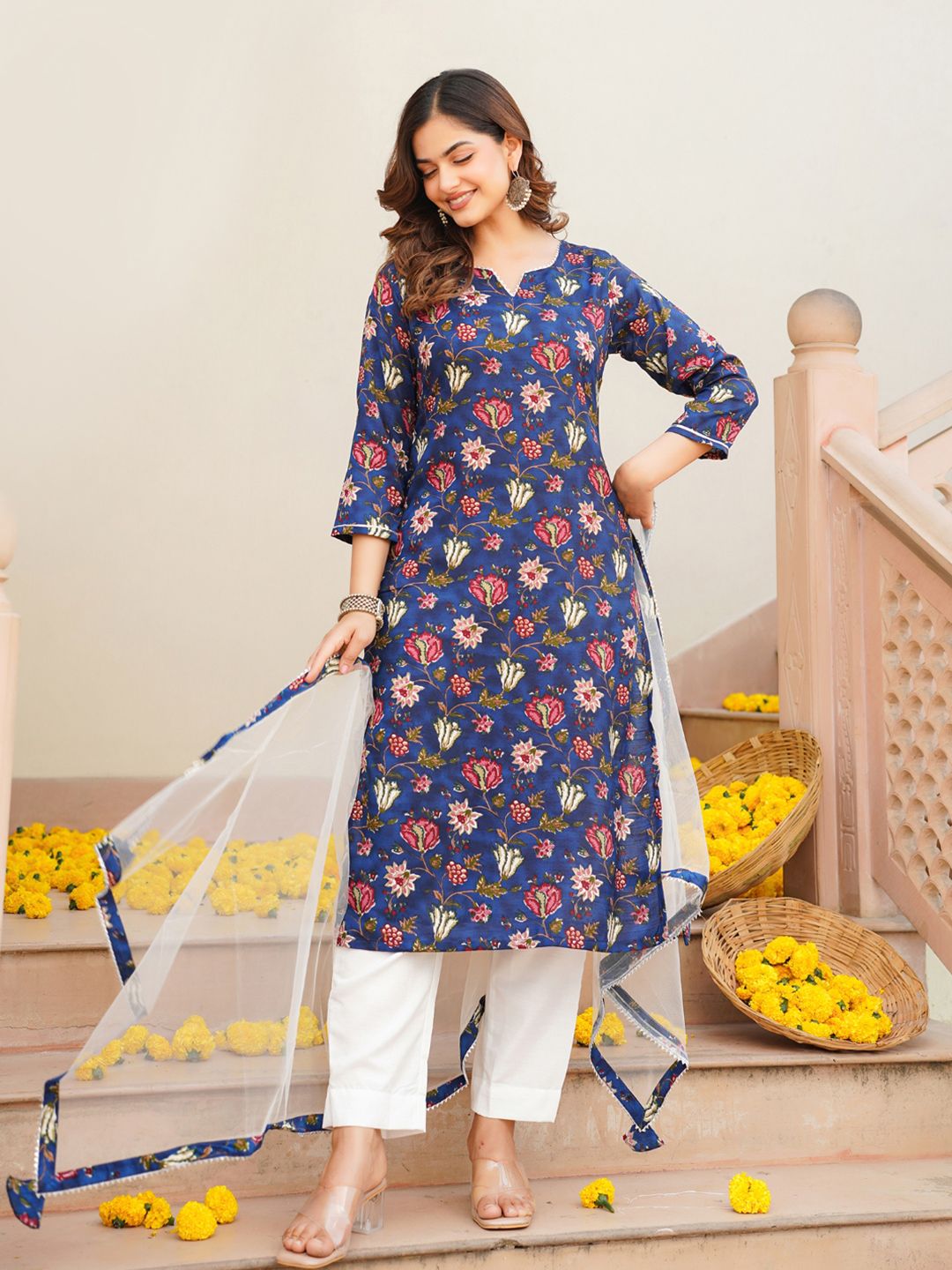 KALINI Floral Printed Gotta Patti Detail Straight Kurta & Trousers With Dupatta