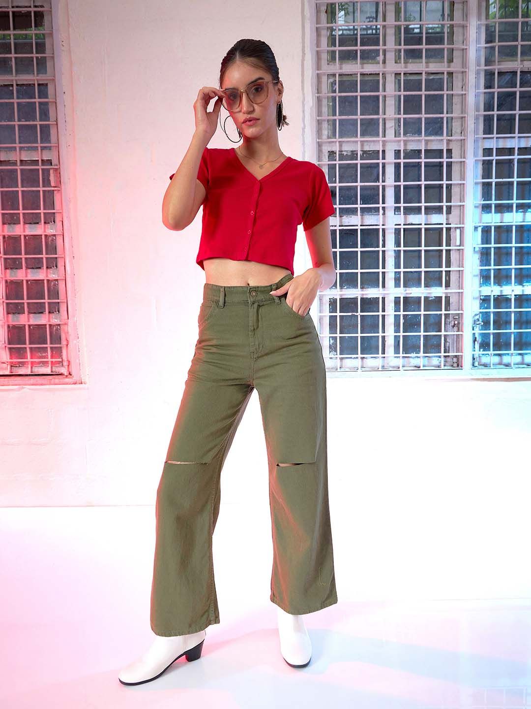 SASSAFRAS Women Olive Green Wide Leg High-Rise Jeans