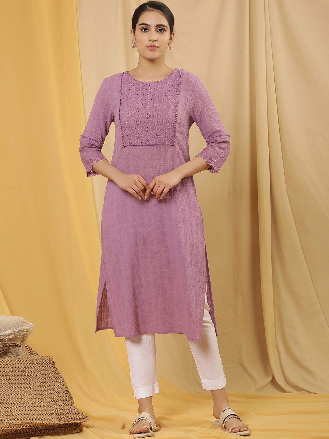 W Purple Floral Yoke Design Thread Work Pure Cotton Straight Kurta