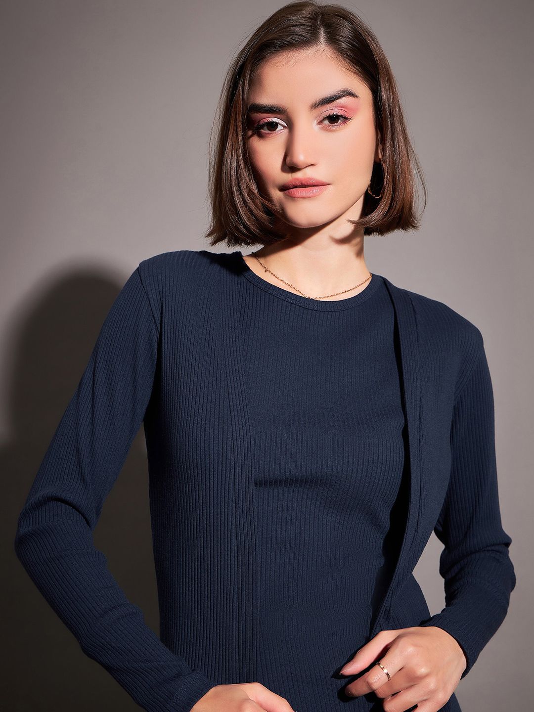 SASSAFRAS Navy Blue Self Design Longline Shrug