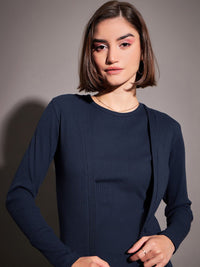 SASSAFRAS Navy Blue Self Design Longline Shrug