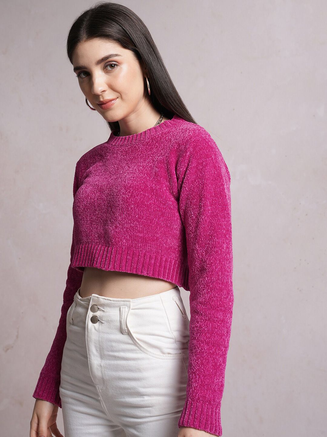 Tokyo Talkies Pink Acrylic Crop Pullover