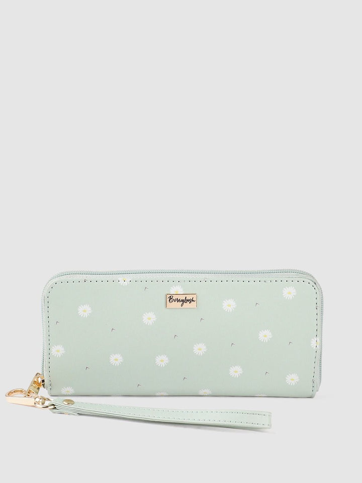 Berrylush Women Green Floral Printed Zip Detail Zip Around Wallet