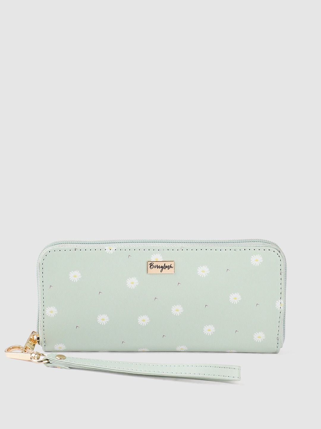 Berrylush Women Green Floral Printed Zip Detail Zip Around Wallet
