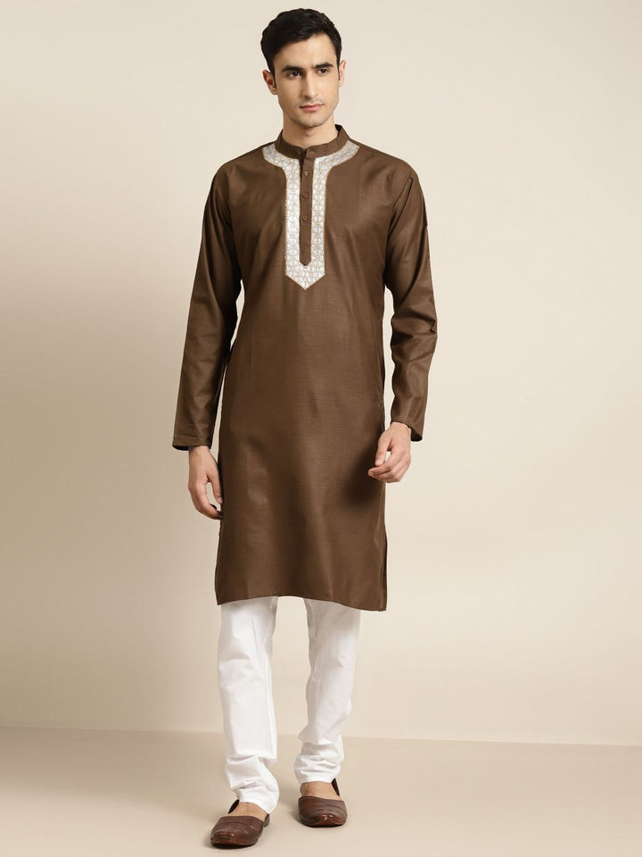 SOJANYA Men Olive Brown Solid Pure Cotton Kurta