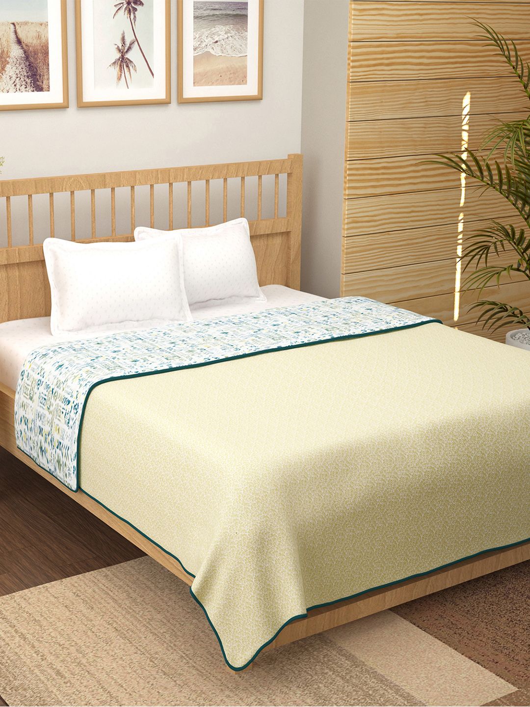 Story@home Yellow & Blue Printed AC Room 150 GSM Reversible Cotton Double Bed Dohar