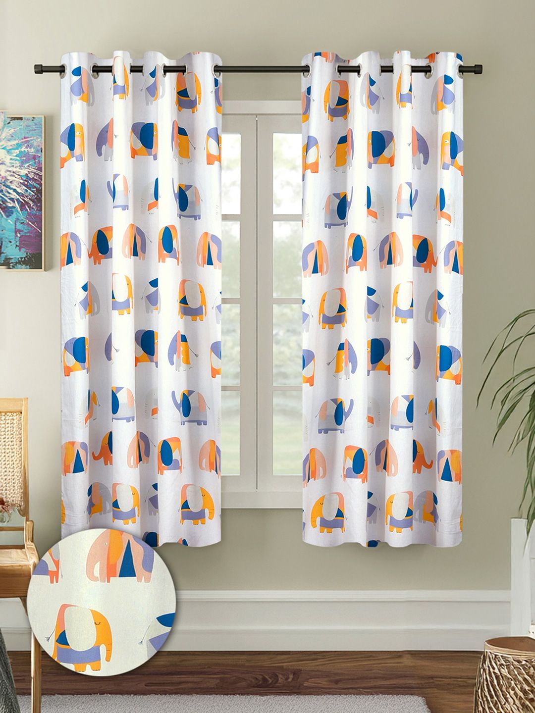Cortina White & Orange 2 Pieces Quirky Cotton Window Curtain