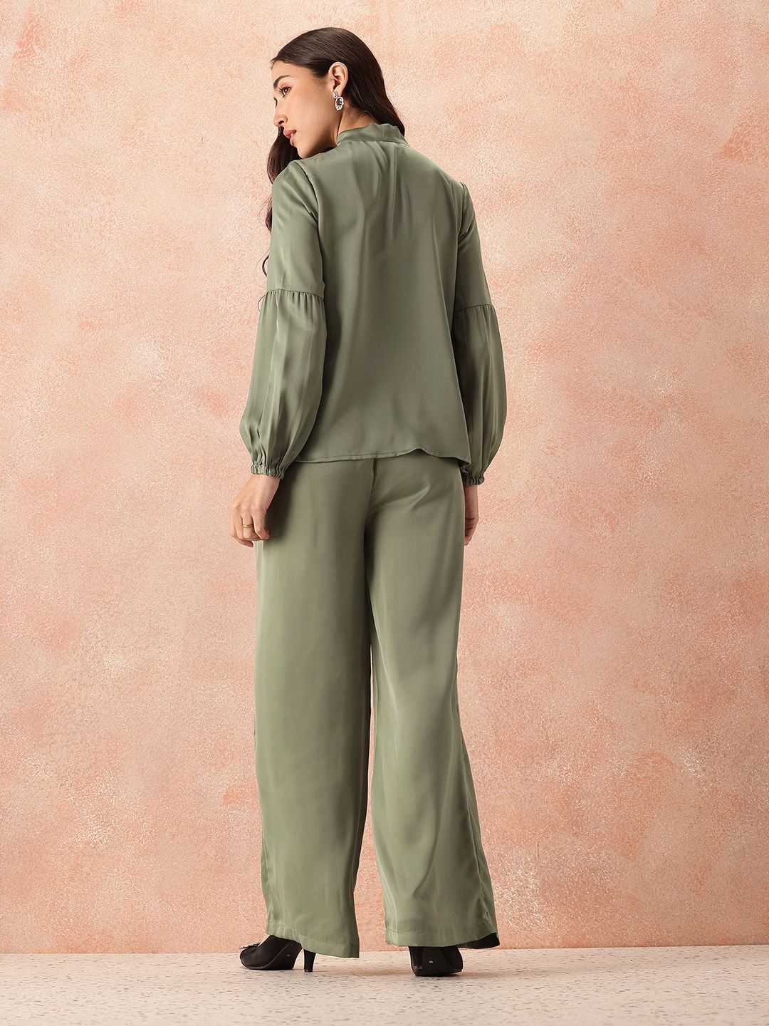 all about you Front Tie-Up Satin Top with Flared Trousers