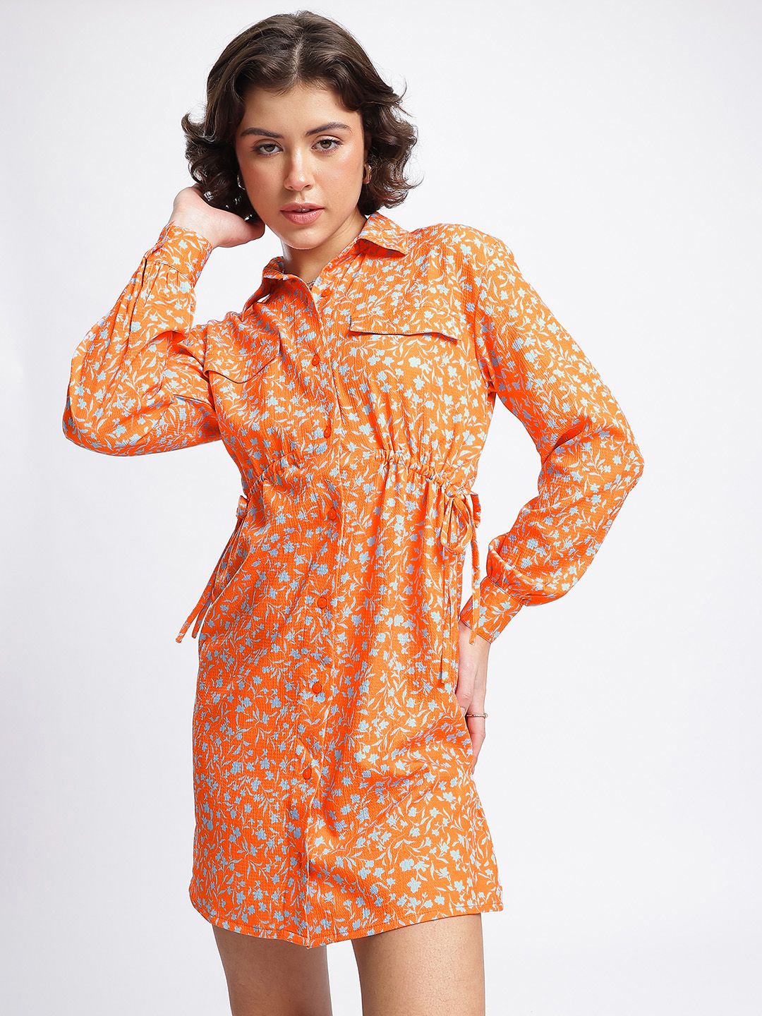 DressBerry Floral Glam Printed Shirt Dress with Waist Tie-ups