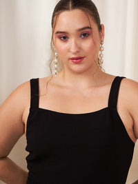 Berrylush Curve Plus Size Black Shoulder Straps Split Thigh Maxi Dress
