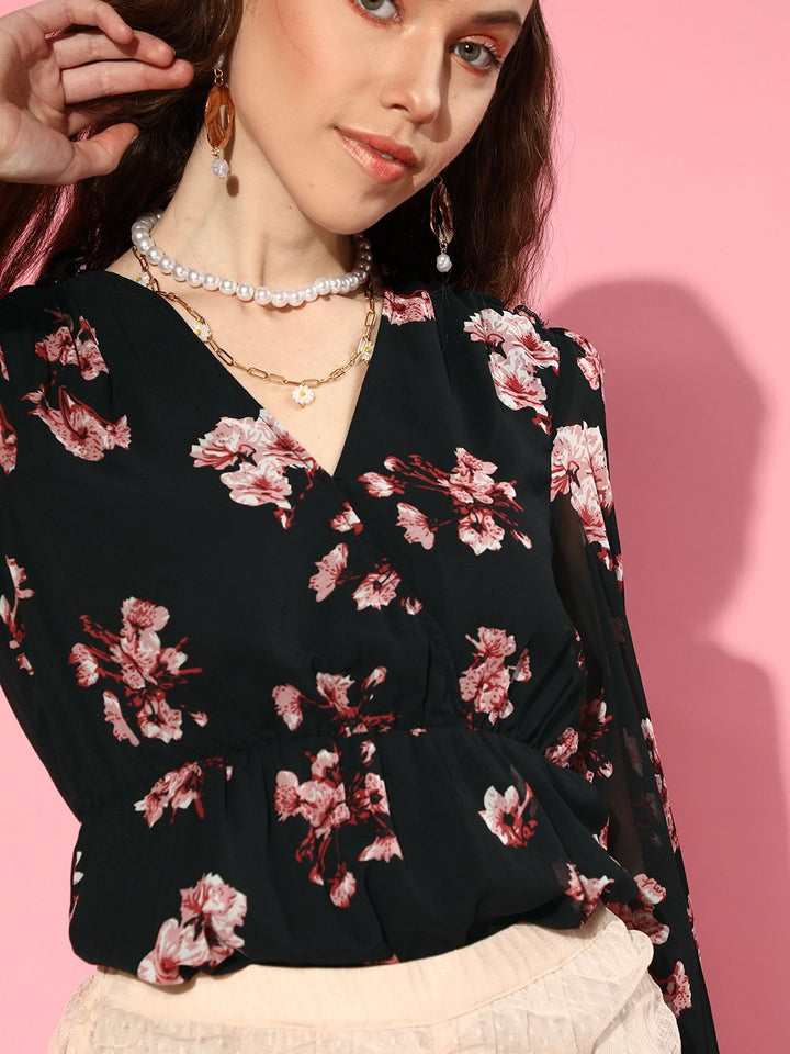 SASSAFRAS Black & White Floral Print Bishop Sleeves Georgette Wrap Top