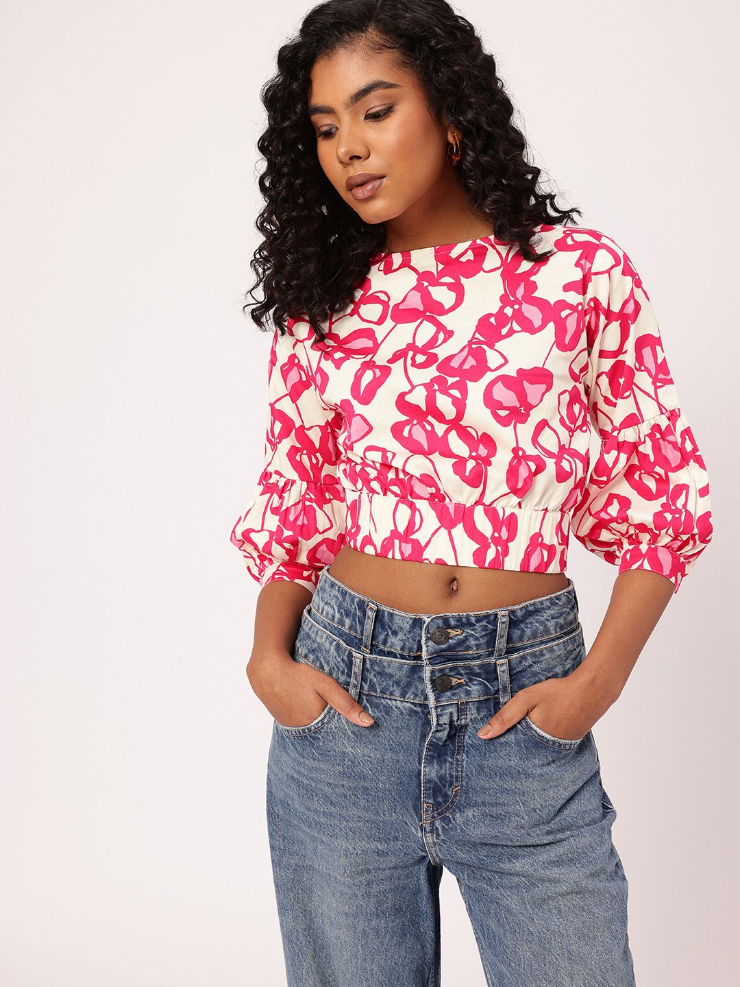 DressBerry Holiday Floral Splash Printed Cinched Waist Crop Top