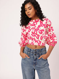 DressBerry Holiday Floral Splash Printed Cinched Waist Crop Top