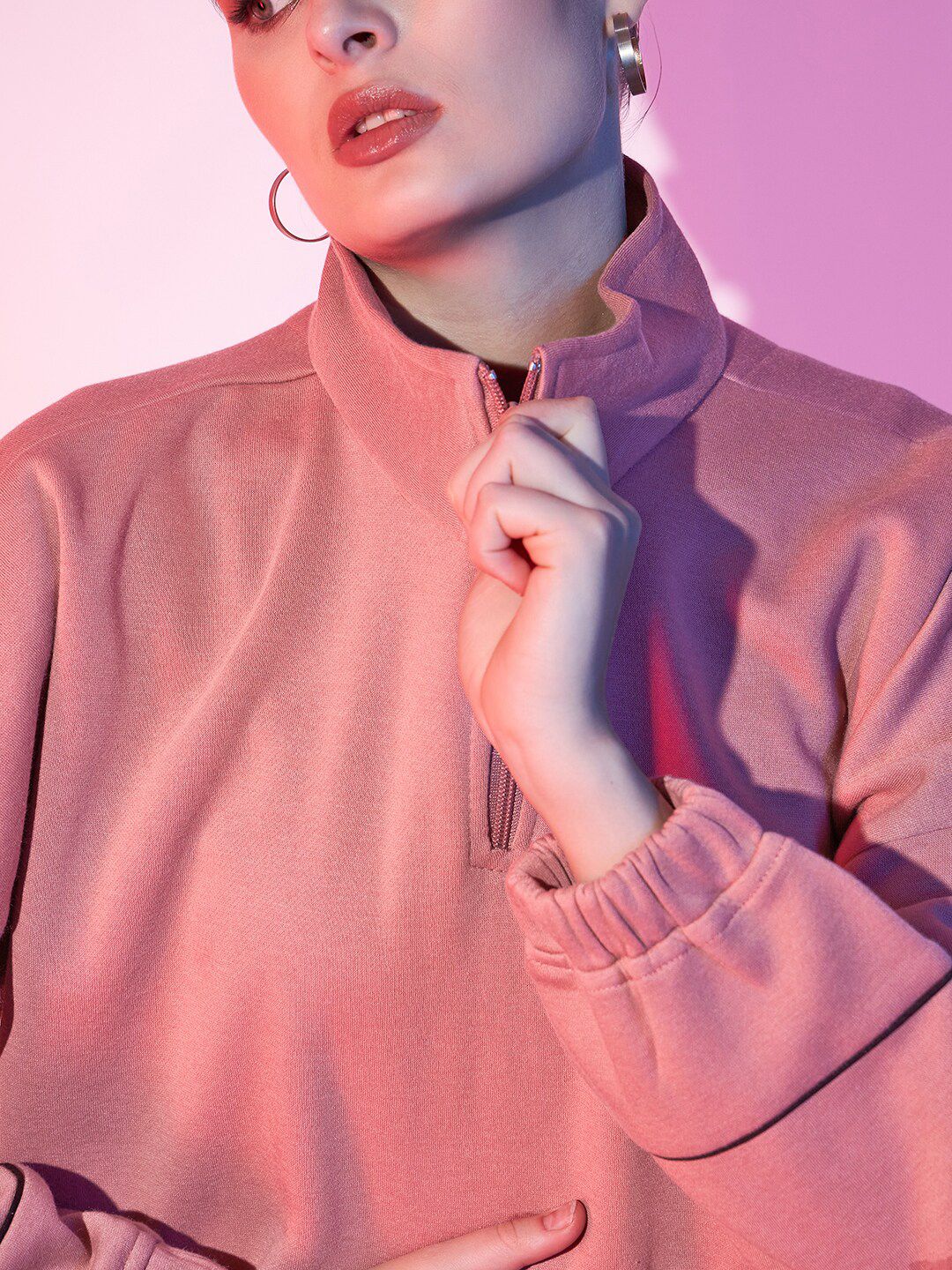 STREET 9 High Neck Half Zipper Fleece Pullover Sweatshirt