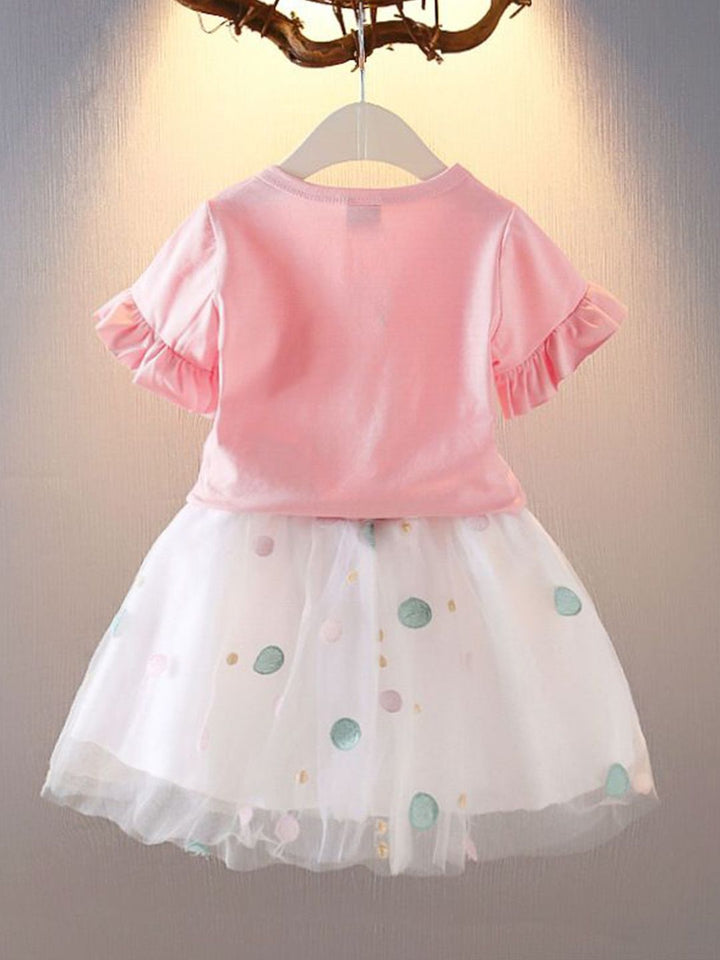 YK Girls Printed Round Neck Short Sleeves Pure Cotton Top With Skirt