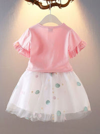YK Girls Printed Round Neck Short Sleeves Pure Cotton Top With Skirt