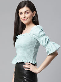 STREET 9 Green Smocked Fitted Pure Cotton Top