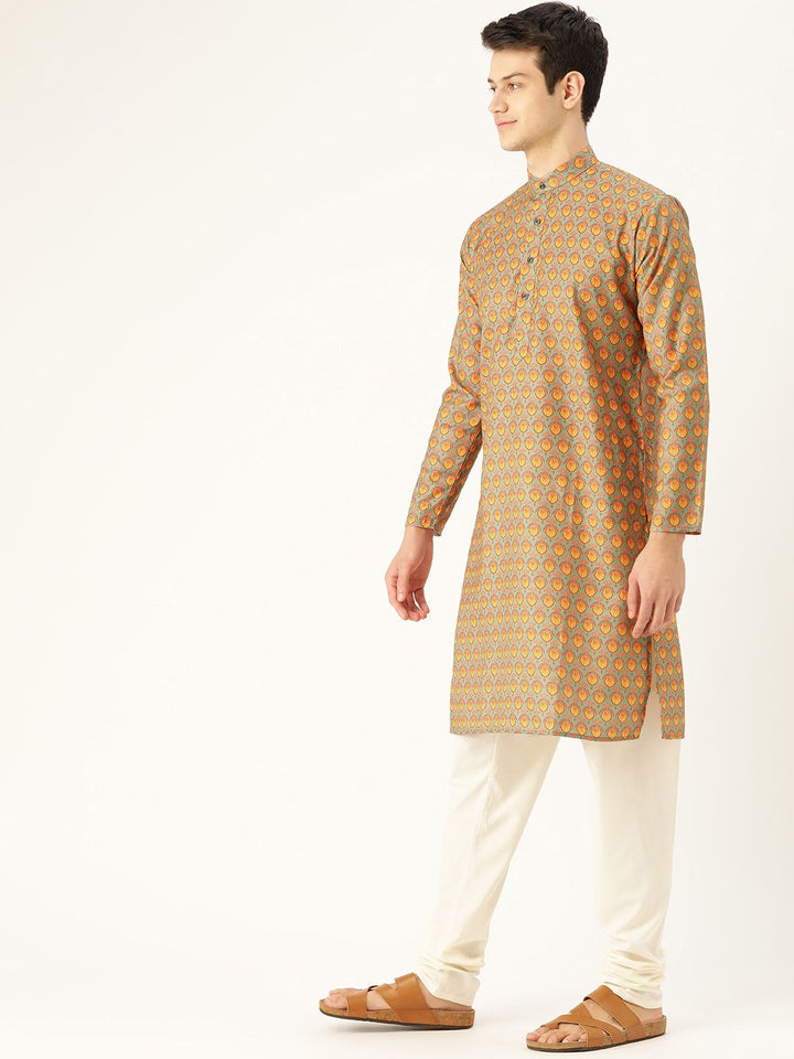SOJANYA Men Green & Orange Ethnic Motif Print Straight Kurta