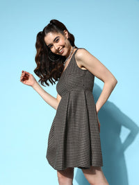 Berrylush Women Black Houndstooth A-Line Mini Dress
