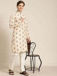 SOJANYA Men Beige & Black Pure Cotton Self Design Kurta
