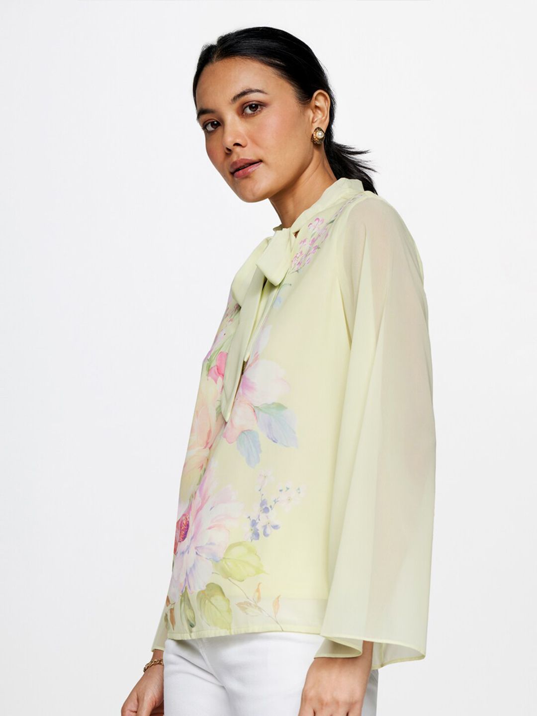 AND Floral Printed Tie-Up Neck Flared Sleeves Top