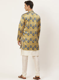 SOJANYA Men Off White Solid Kurta with Churidar & Ethnic Jacket