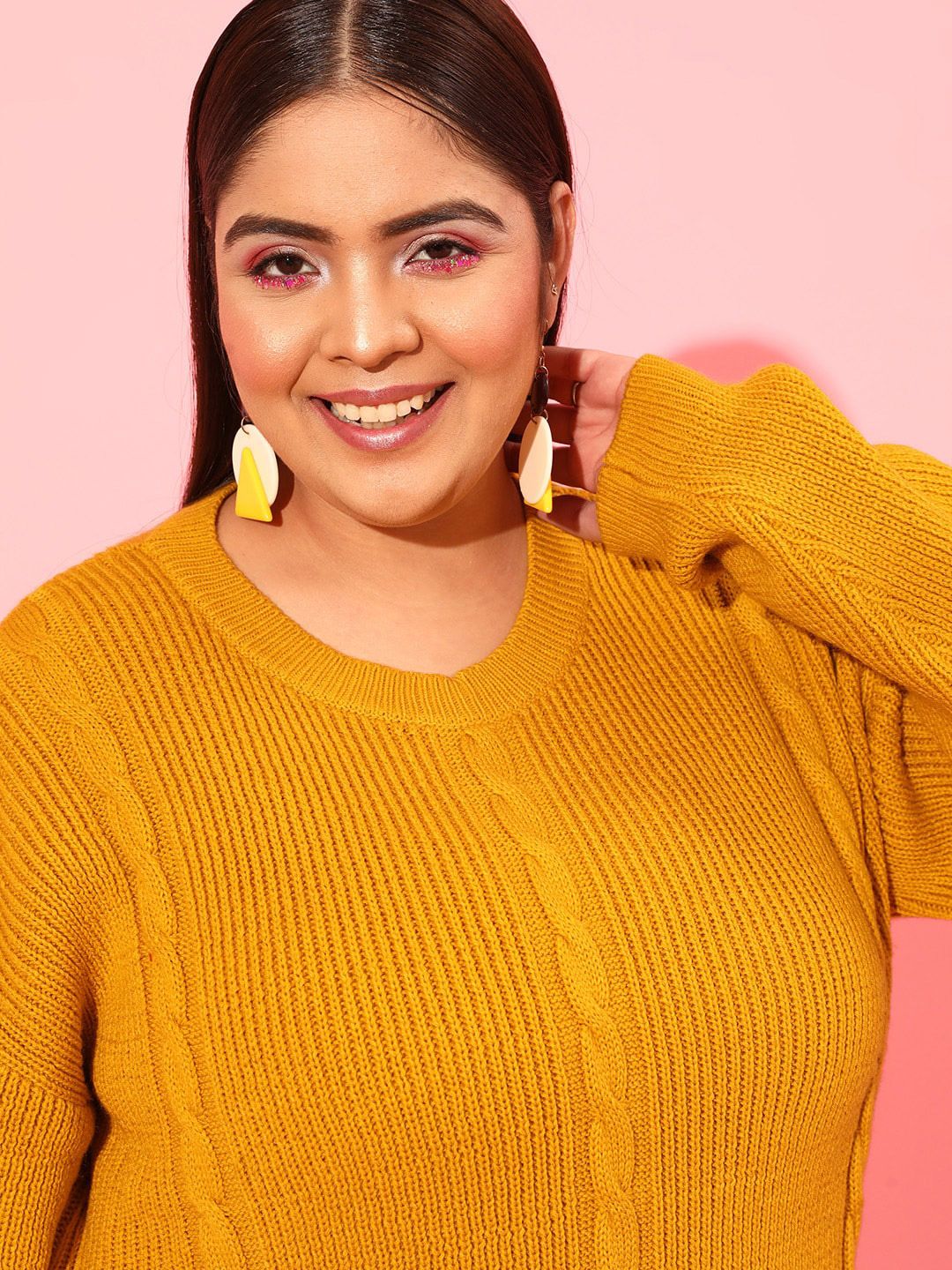 CURVY STREET Plus Size Women Mustard Cable Knit Acrylic Pullover