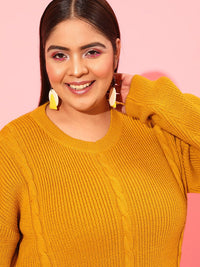 CURVY STREET Plus Size Women Mustard Cable Knit Acrylic Pullover