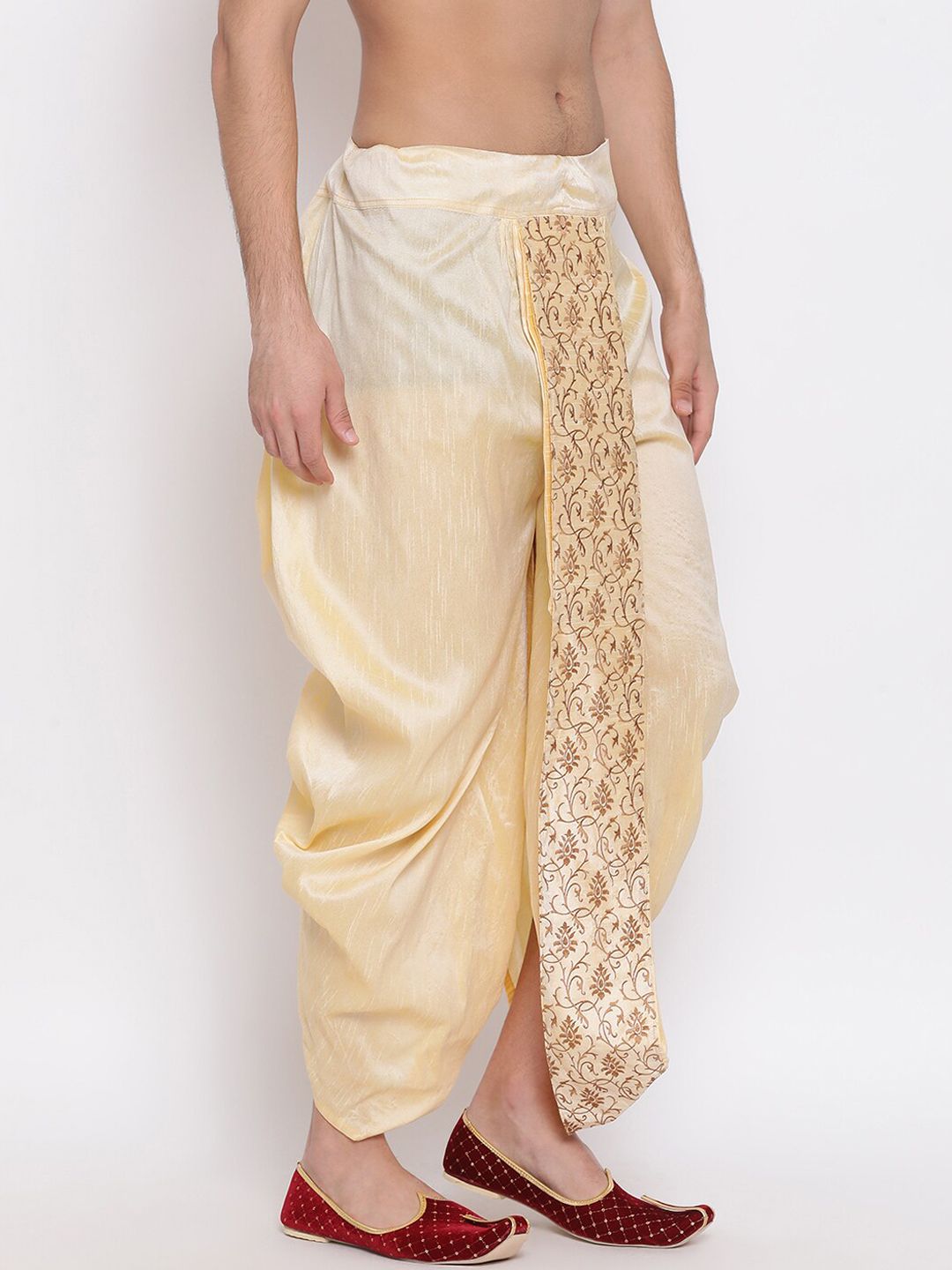 VASTRAMAY Men Beige & Gold-Coloured Embroidered Silk Dhoti