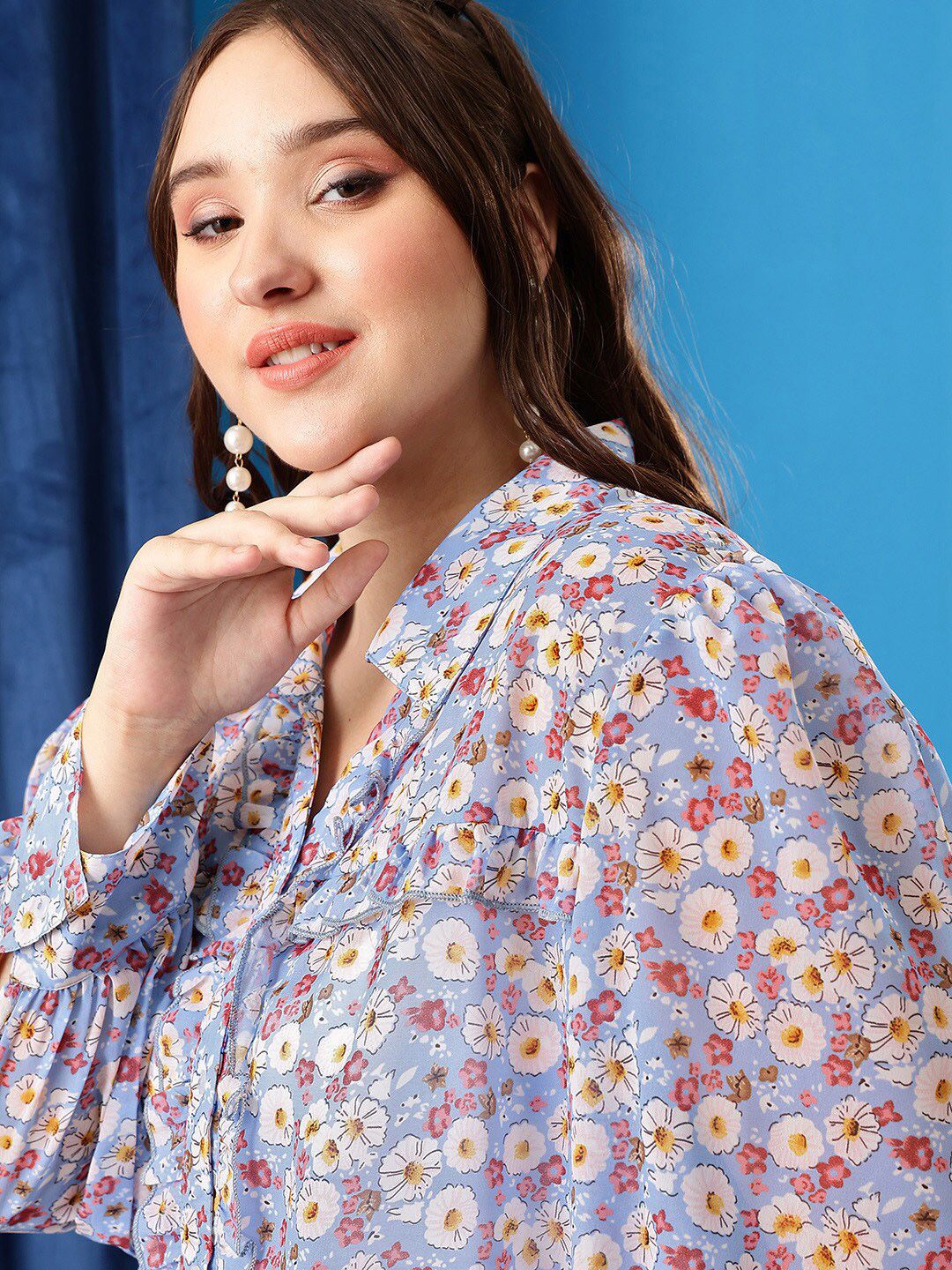 CURVY STREET Plus Size Floral Printed Shirt Collar Cuffed Sleeves Shirt Style Top Shirt
