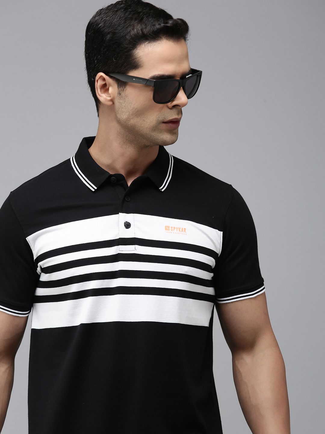 SPYKAR Men Pure Cotton Striped Polo Collar Slim Fit T-shirt