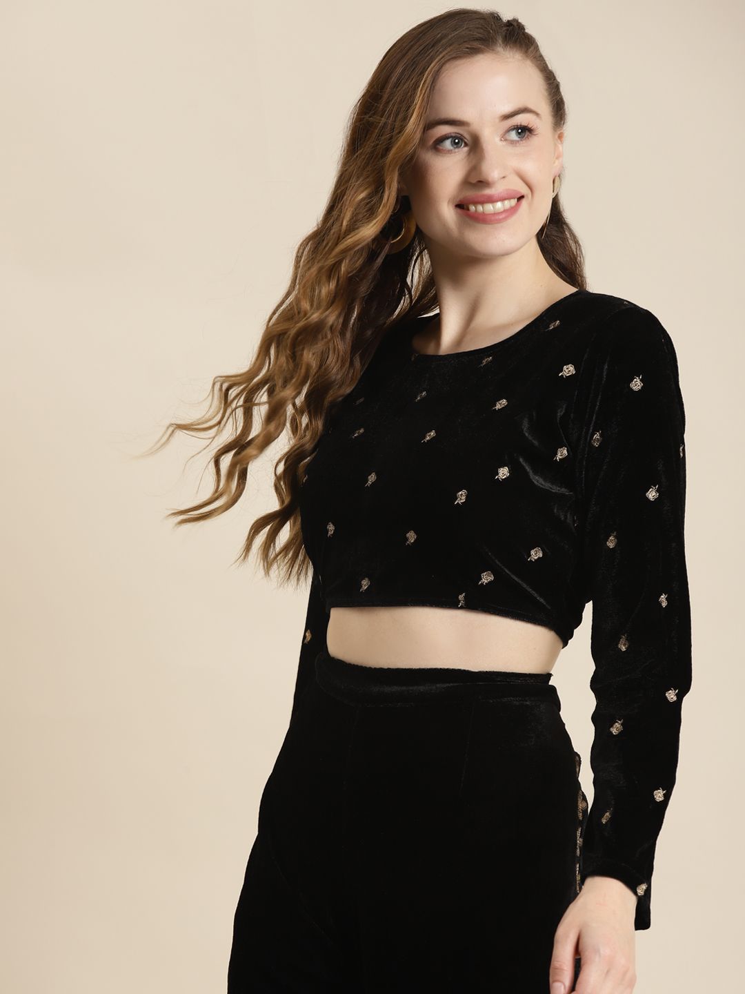 Shae by SASSAFRAS Black & Gold-Toned Embroidered Velvet Regular Crop Top