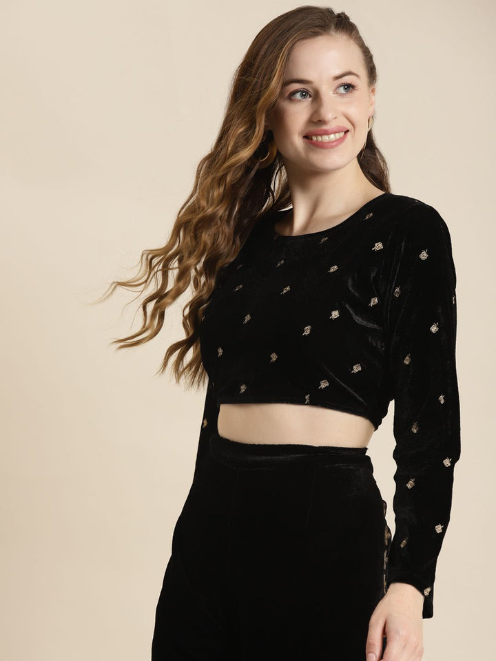 Shae by SASSAFRAS Black & Gold-Toned Embroidered Velvet Regular Crop Top