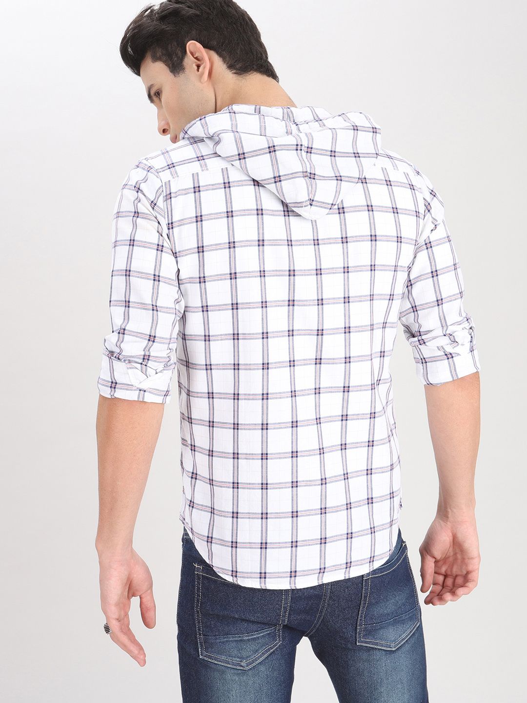 The Indian Garage Co Men White Checked Hooded Casual Shirt