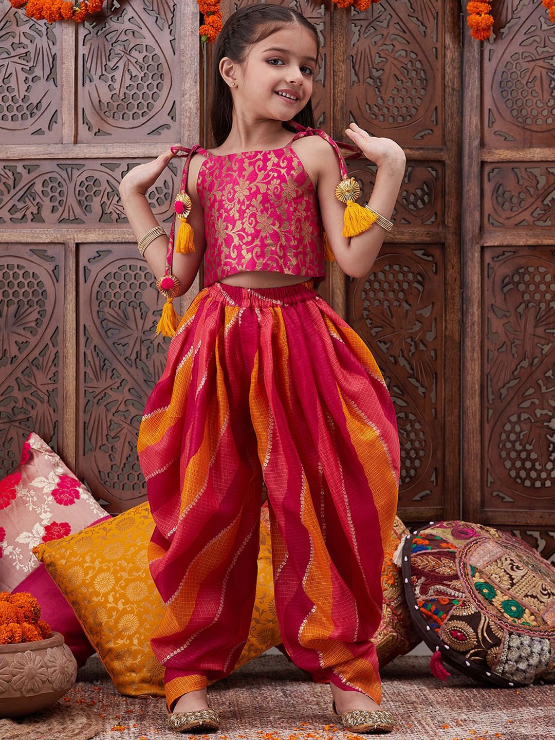 pspeaches Girls Floral Printed Shoulder Straps Top with Dhoti Pants
