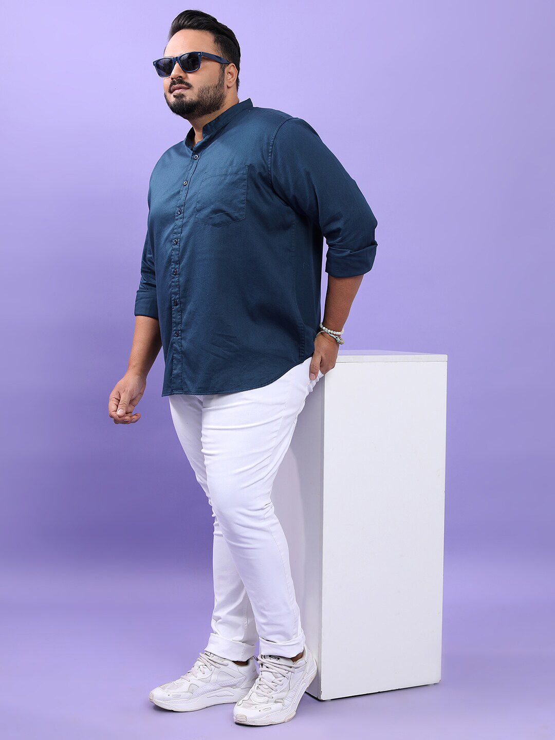 HIGHLANDER Plus Size Blue Band Collar Long Sleeves Cotton Casual Shirt
