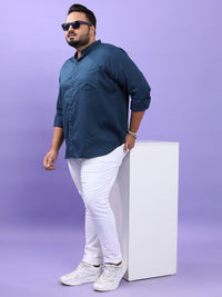 HIGHLANDER Plus Size Blue Band Collar Long Sleeves Cotton Casual Shirt